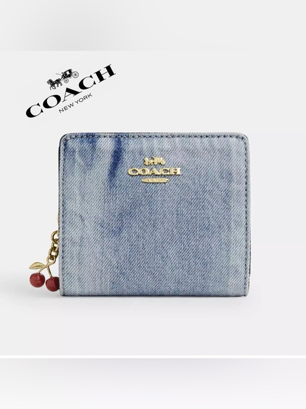 Coach Light Blue Denim Zip-Around Wallet with Cherry Charm